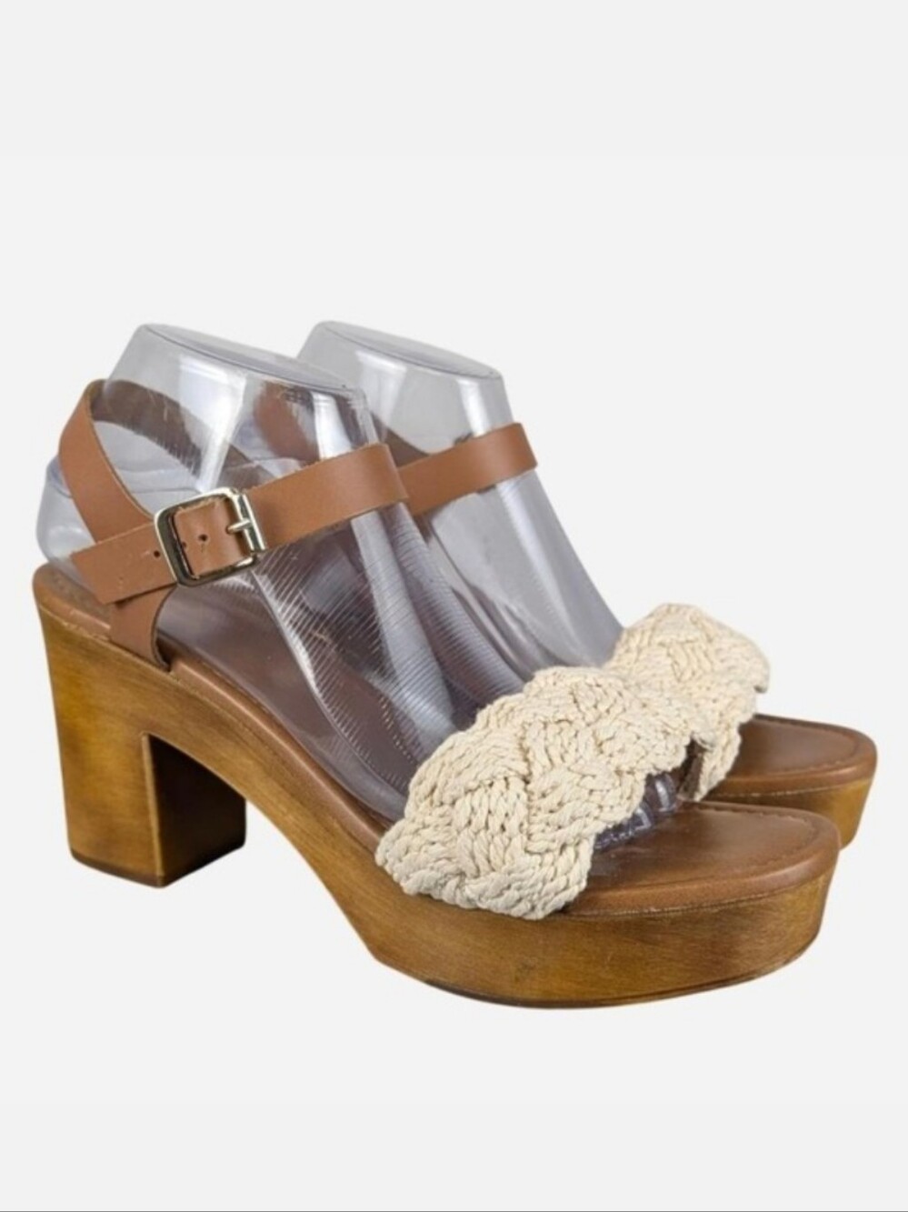 Seychelles Tan Leather Wood Platform Sandals Cream Braided Strap 9.5